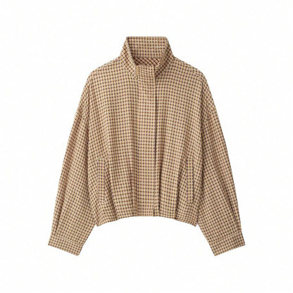 Stand Collar Long Sleeve Plaid Jacket