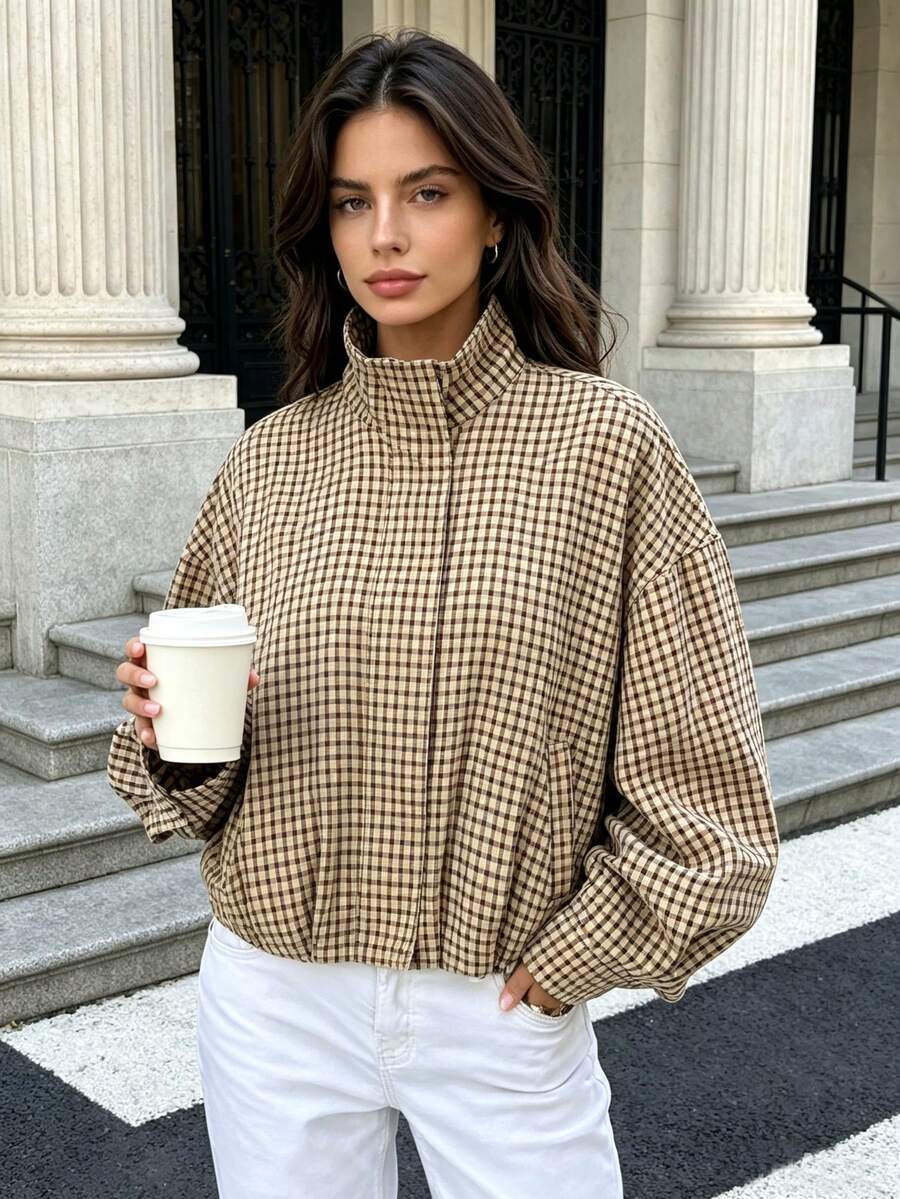 Stand Collar Long Sleeve Plaid Jacket