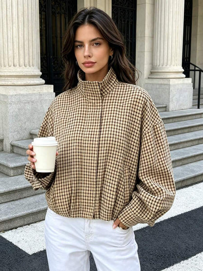 Stand Collar Long Sleeve Plaid Jacket