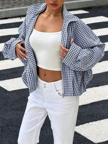 Stand Collar Long Sleeve Plaid Jacket