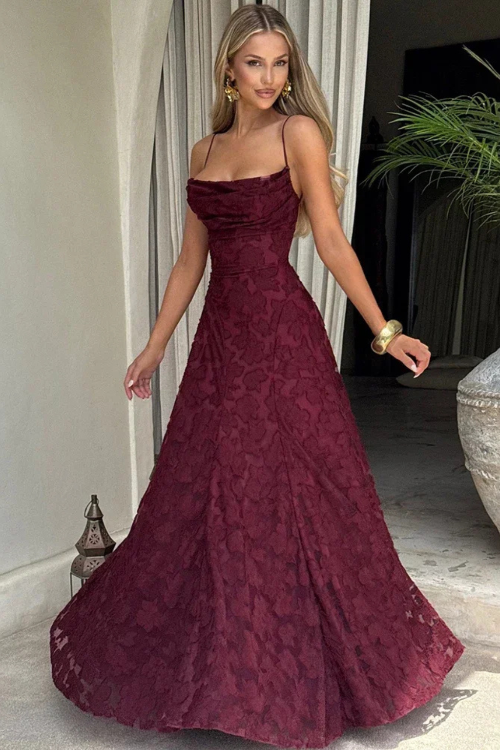 Women's Spaghetti Strap Lace-Up Backless Floral Jacquard Maxi Dress