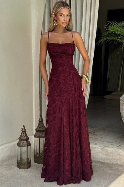 Women's Spaghetti Strap Lace-Up Backless Floral Jacquard Maxi Dress