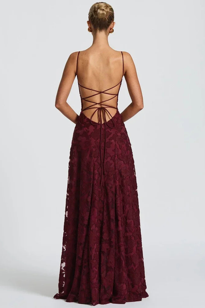 Women's Spaghetti Strap Lace-Up Backless Floral Jacquard Maxi Dress