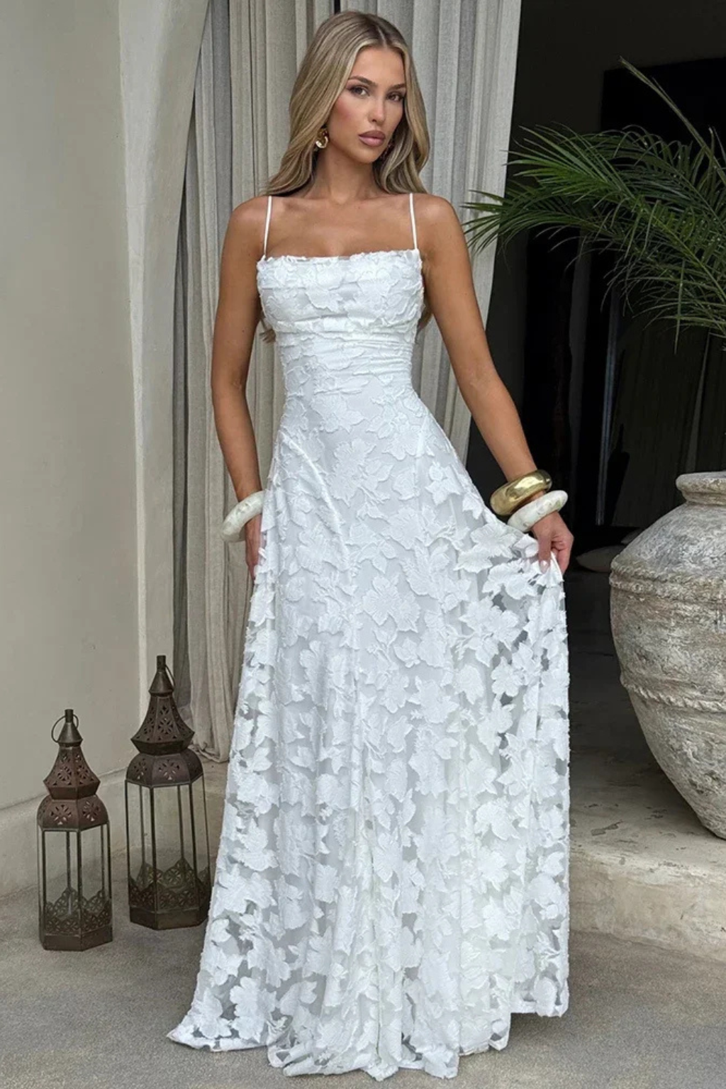 Women's Spaghetti Strap Lace-Up Backless Floral Jacquard Maxi Dress