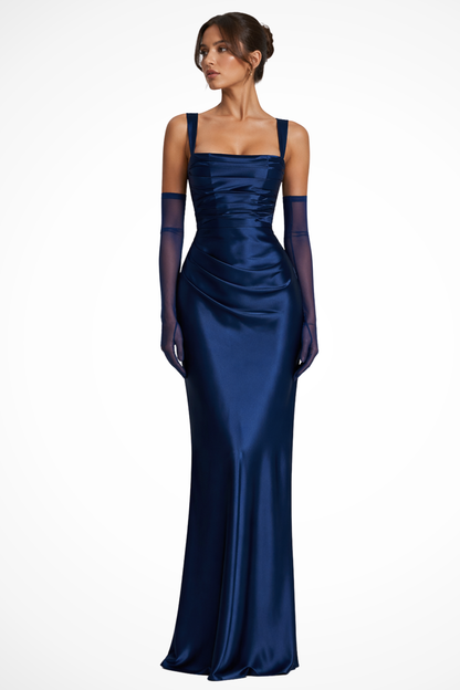 Women's Square Neck Ruched Satin Maxi Dress with Gloves