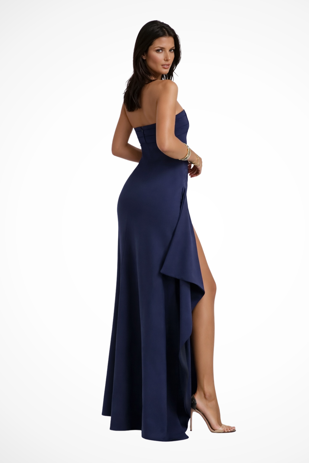 Women's Strapless Maxi Dress with High Side Slit and Draped Panel