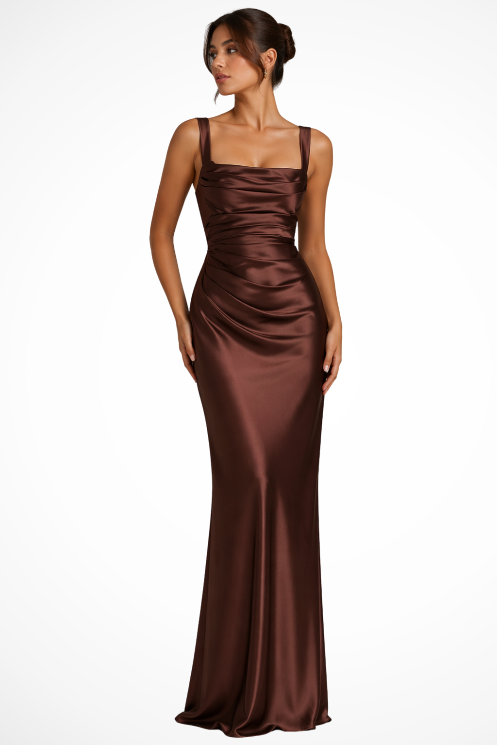 Women's Square Neck Ruched Satin Maxi Dress with Gloves