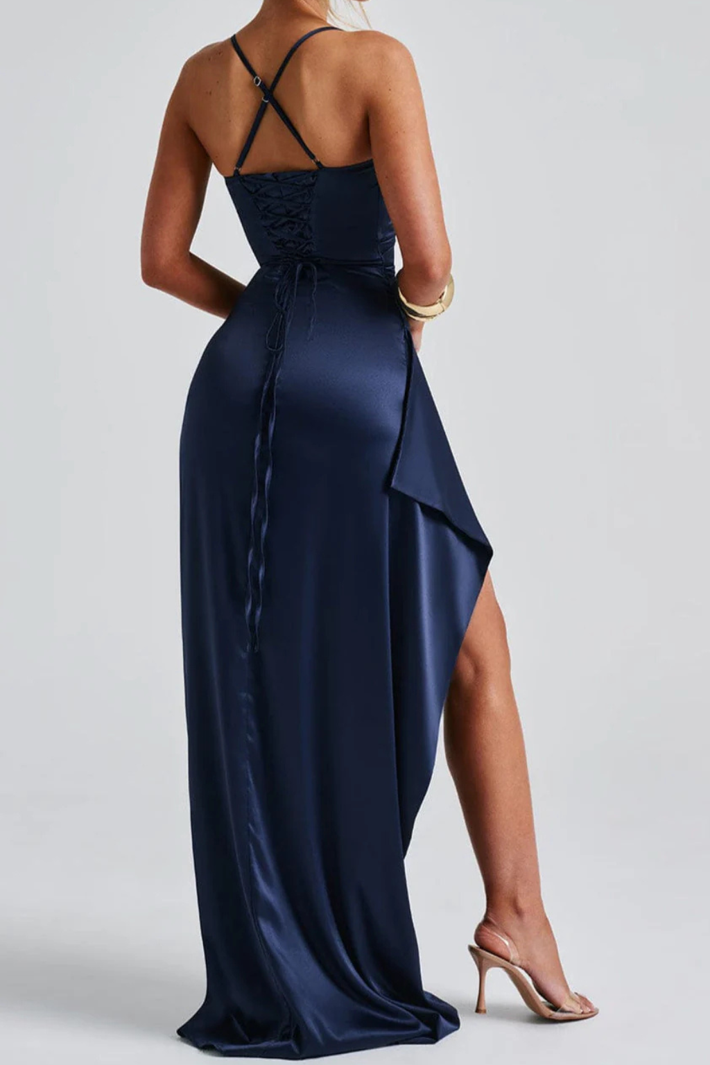 Women's Spaghetti Strap Ruched Satin Maxi Dress with High Side Slit