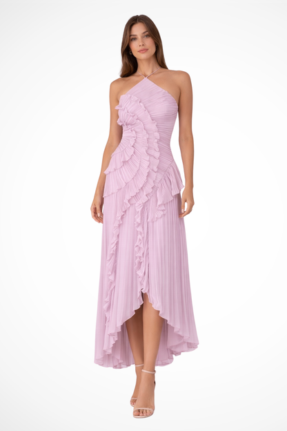 Women's Sleeveless Halter Neck Backless Ruffled Layered Maxi Dress