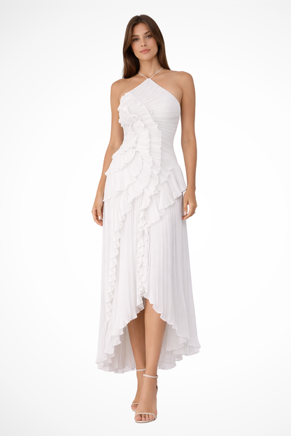 Women's Sleeveless Halter Neck Backless Ruffled Layered Maxi Dress