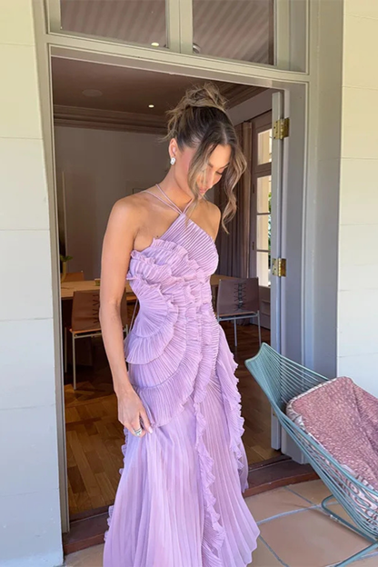 Women's Sleeveless Halter Neck Backless Ruffled Layered Maxi Dress