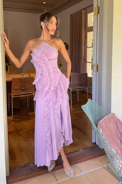 Women's Sleeveless Halter Neck Backless Ruffled Layered Maxi Dress