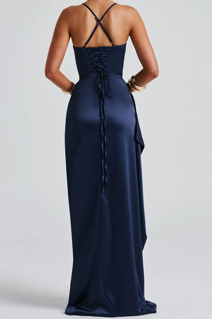 Women's Spaghetti Strap Ruched Satin Maxi Dress with High Side Slit