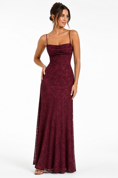 Women's Spaghetti Strap Lace-Up Backless Floral Jacquard Maxi Dress