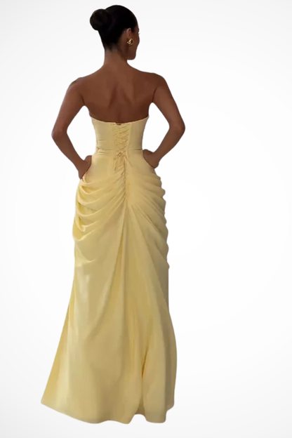 Women's Strapless Ruched Hip Draped Maxi Dress with Side Slit