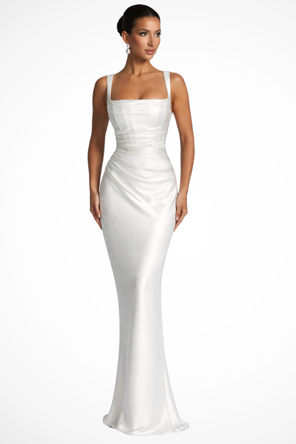 Women's Square Neck Ruched Satin Maxi Dress with Gloves