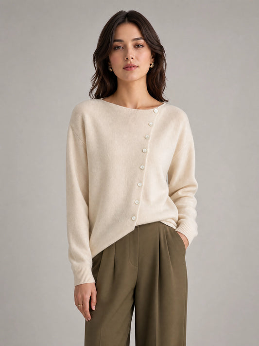 grey asymmetric knit sweater Averly London button detail front