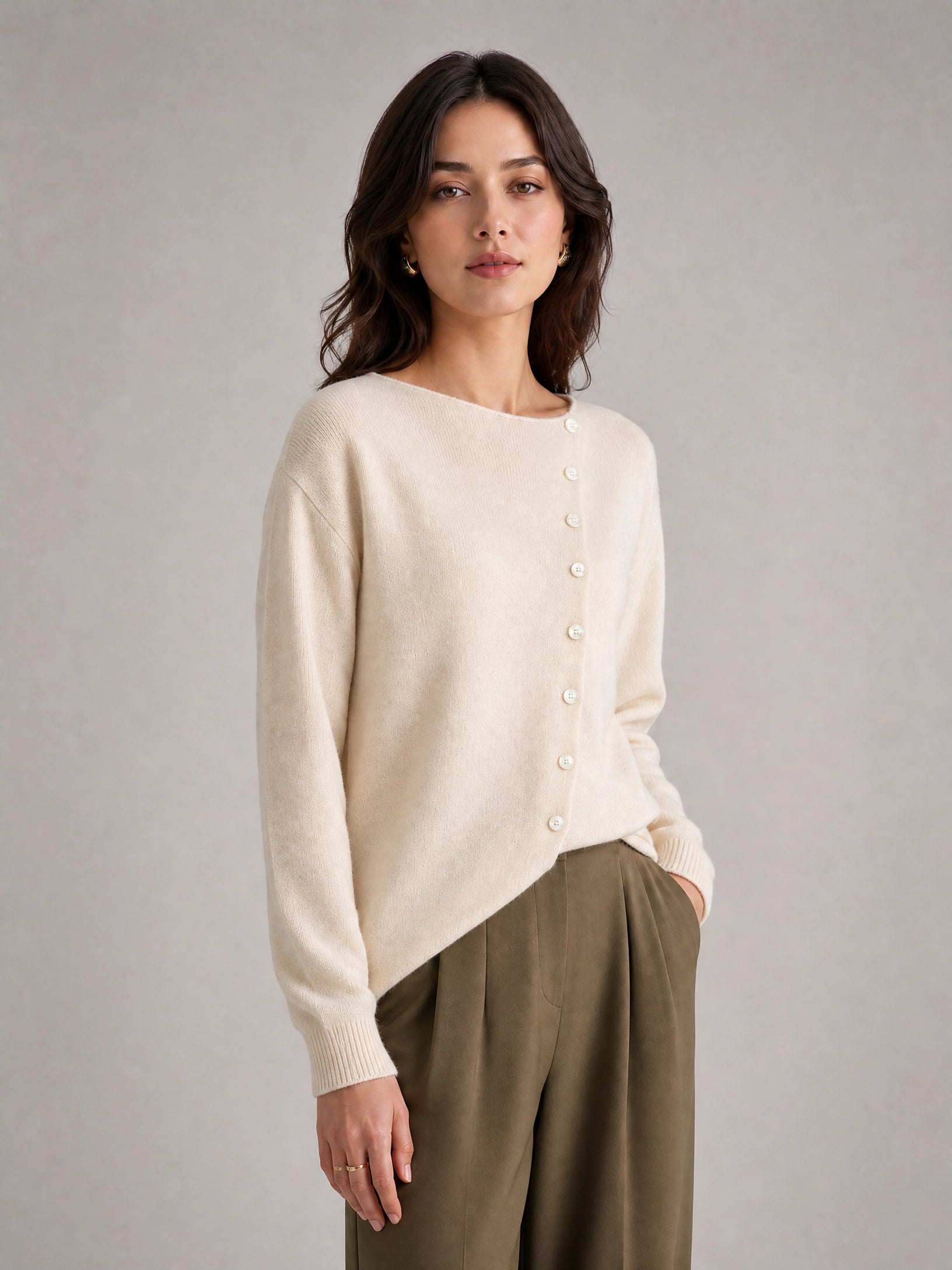 grey asymmetric knit sweater Averly London side view