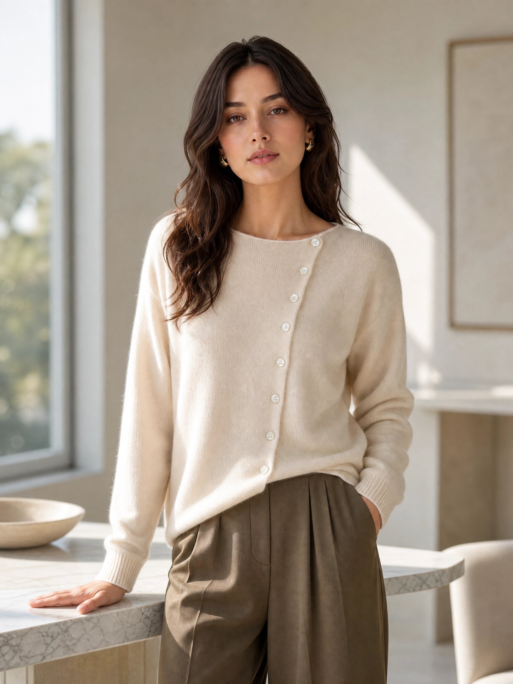 grey asymmetric knit sweater Averly London styled lifestyle