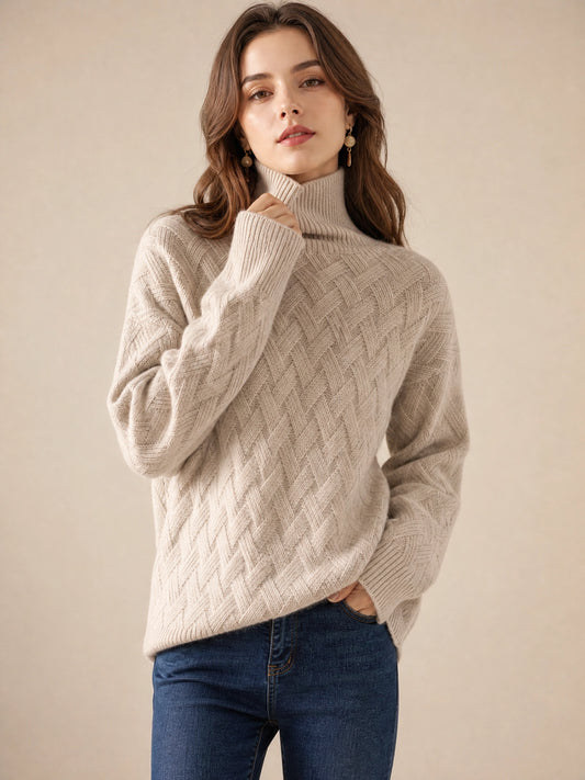 camel cashmere turtleneck sweater Averly London basketweave knit front