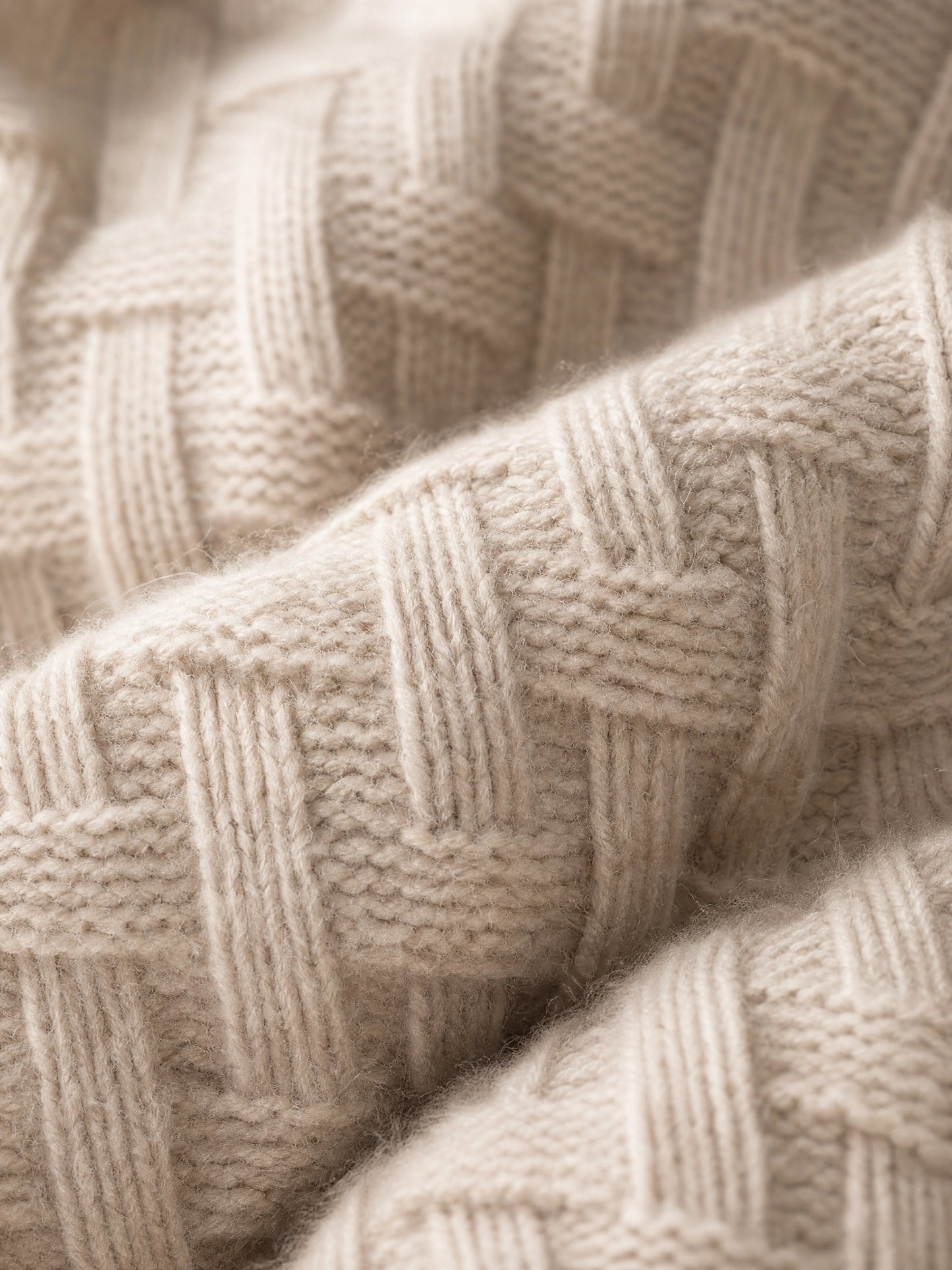 camel cashmere turtleneck sweater Averly London basketweave stitch detail