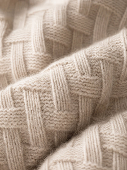 camel cashmere turtleneck sweater Averly London basketweave stitch detail