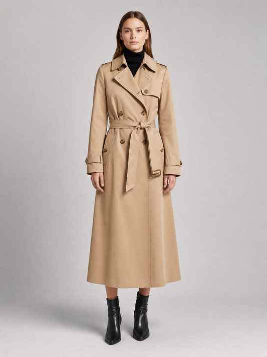 beige tailored belted trench coat Averly London front
