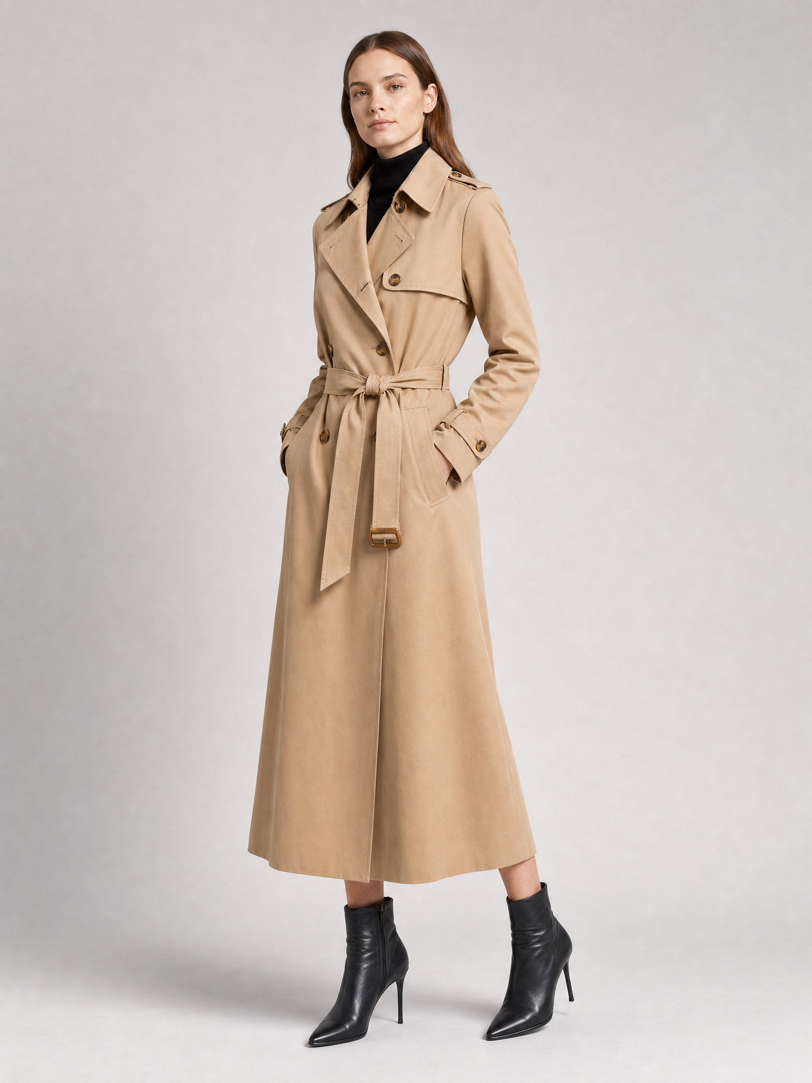 beige tailored belted trench coat Averly London side view