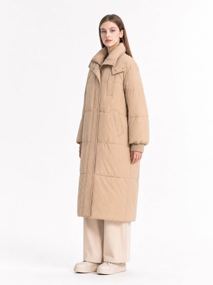 black hooded long puffer coat Averly London side view