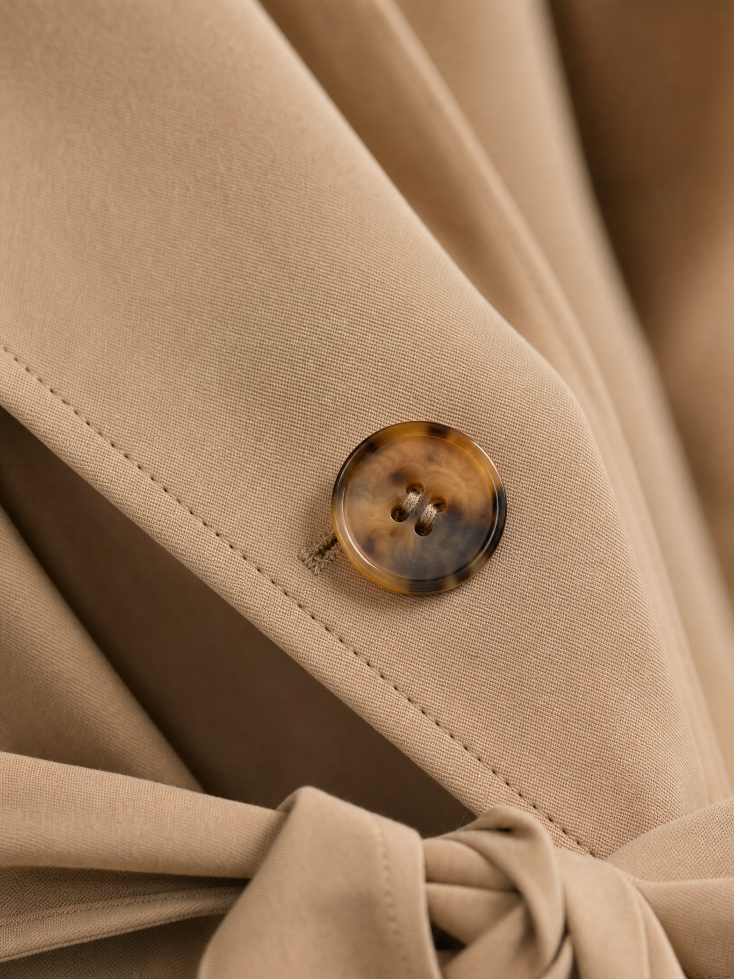 beige tailored belted trench coat Averly London lapel collar detail