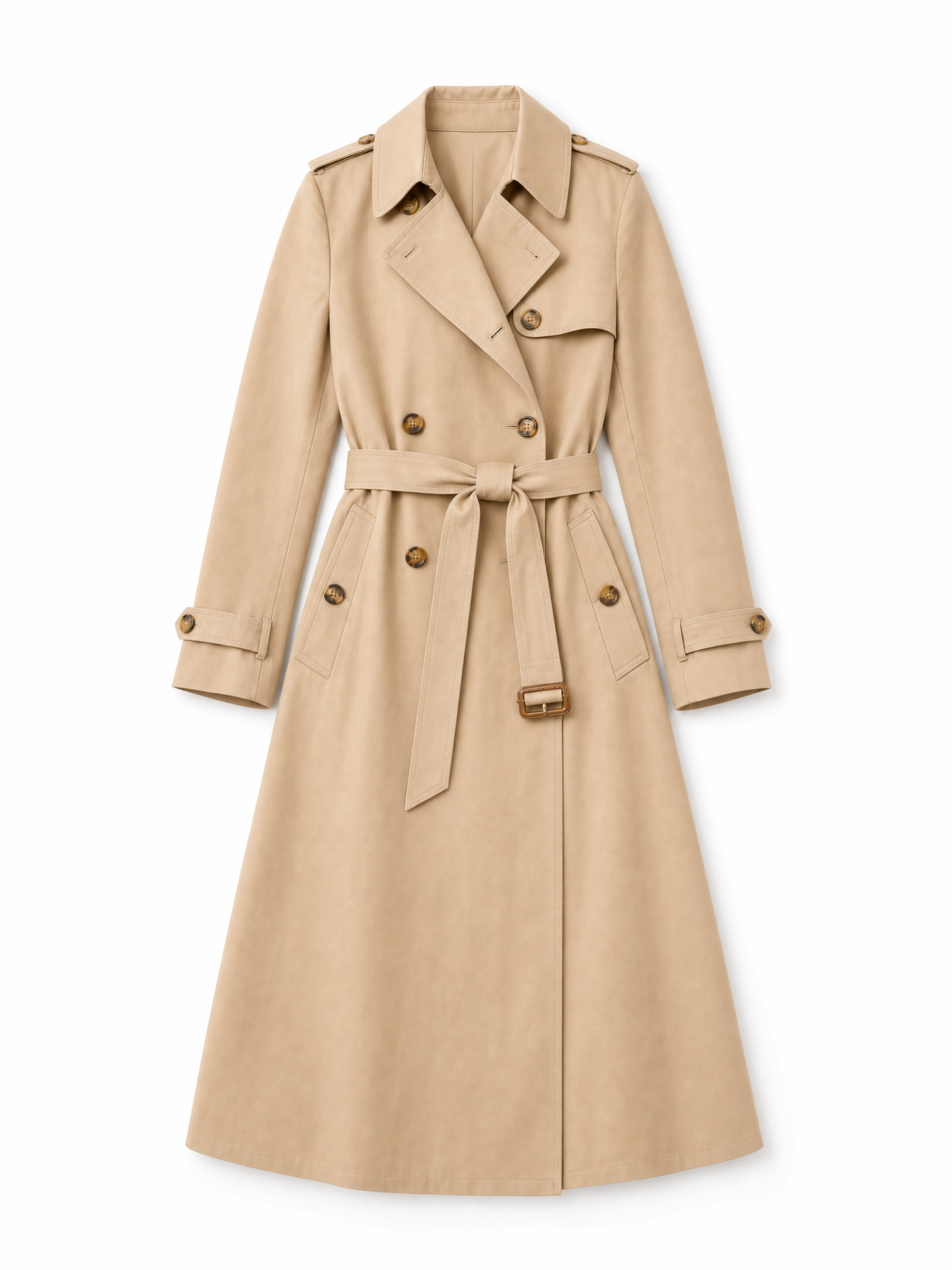 beige tailored belted trench coat Averly London flat lay