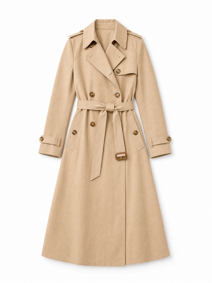 beige tailored belted trench coat Averly London flat lay