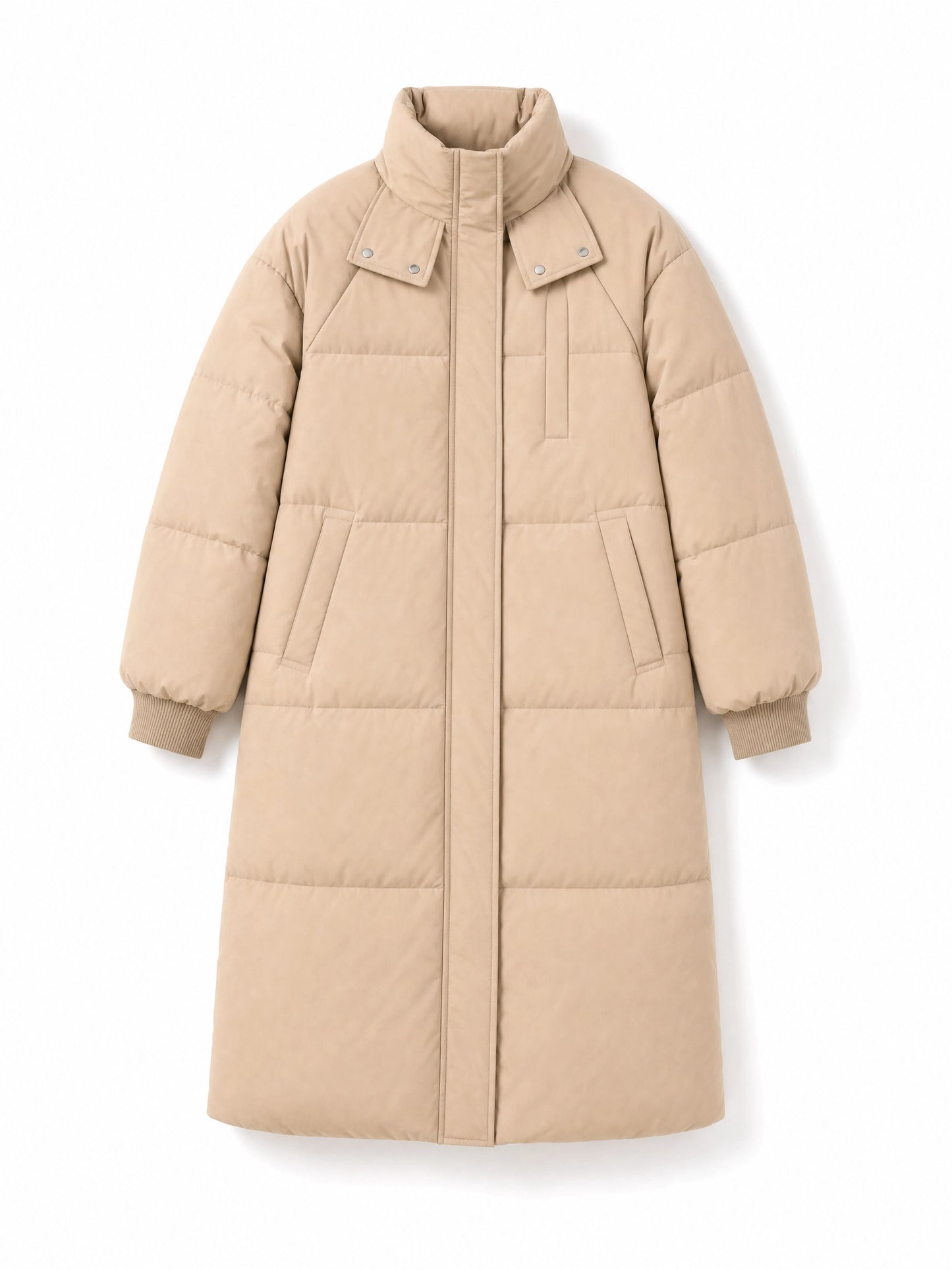 black hooded long puffer coat Averly London flat lay