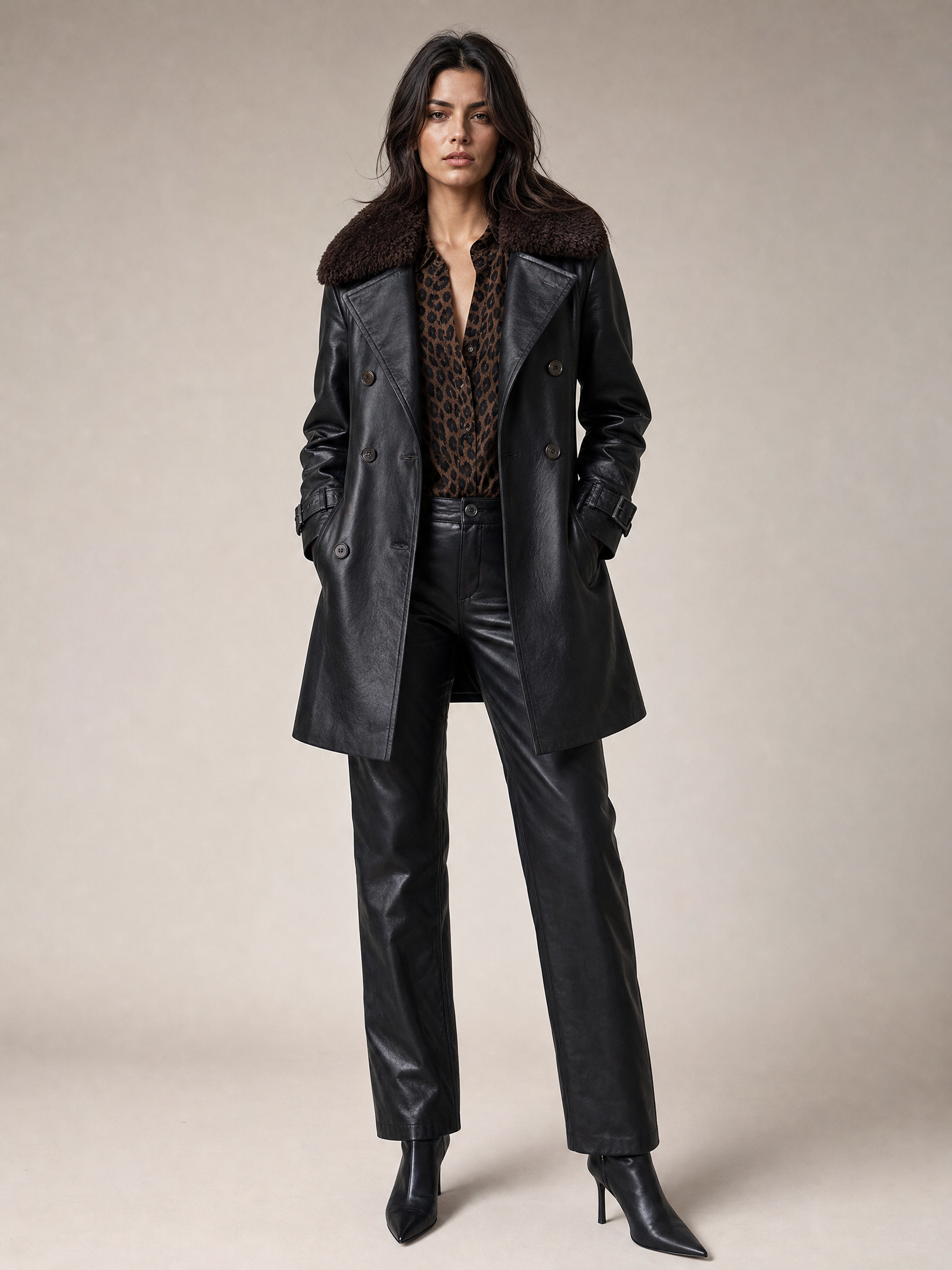 black faux leather trench coat Averly London belted silhouette front