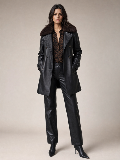 black faux leather trench coat Averly London belted silhouette front