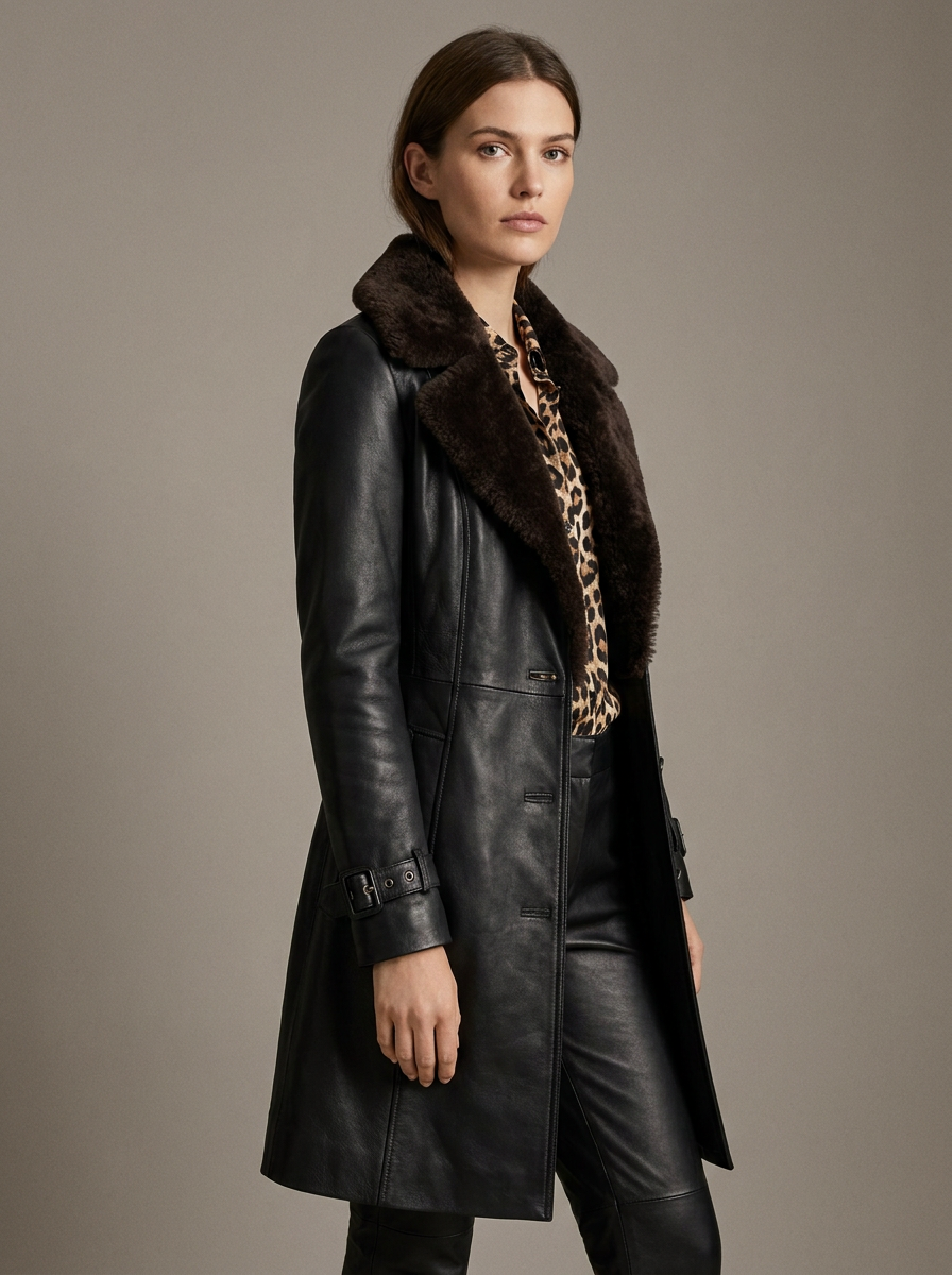 black faux leather trench coat Averly London side view