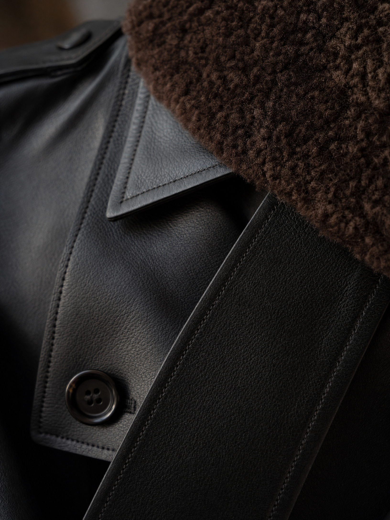 black faux leather trench coat Averly London lapel collar detail