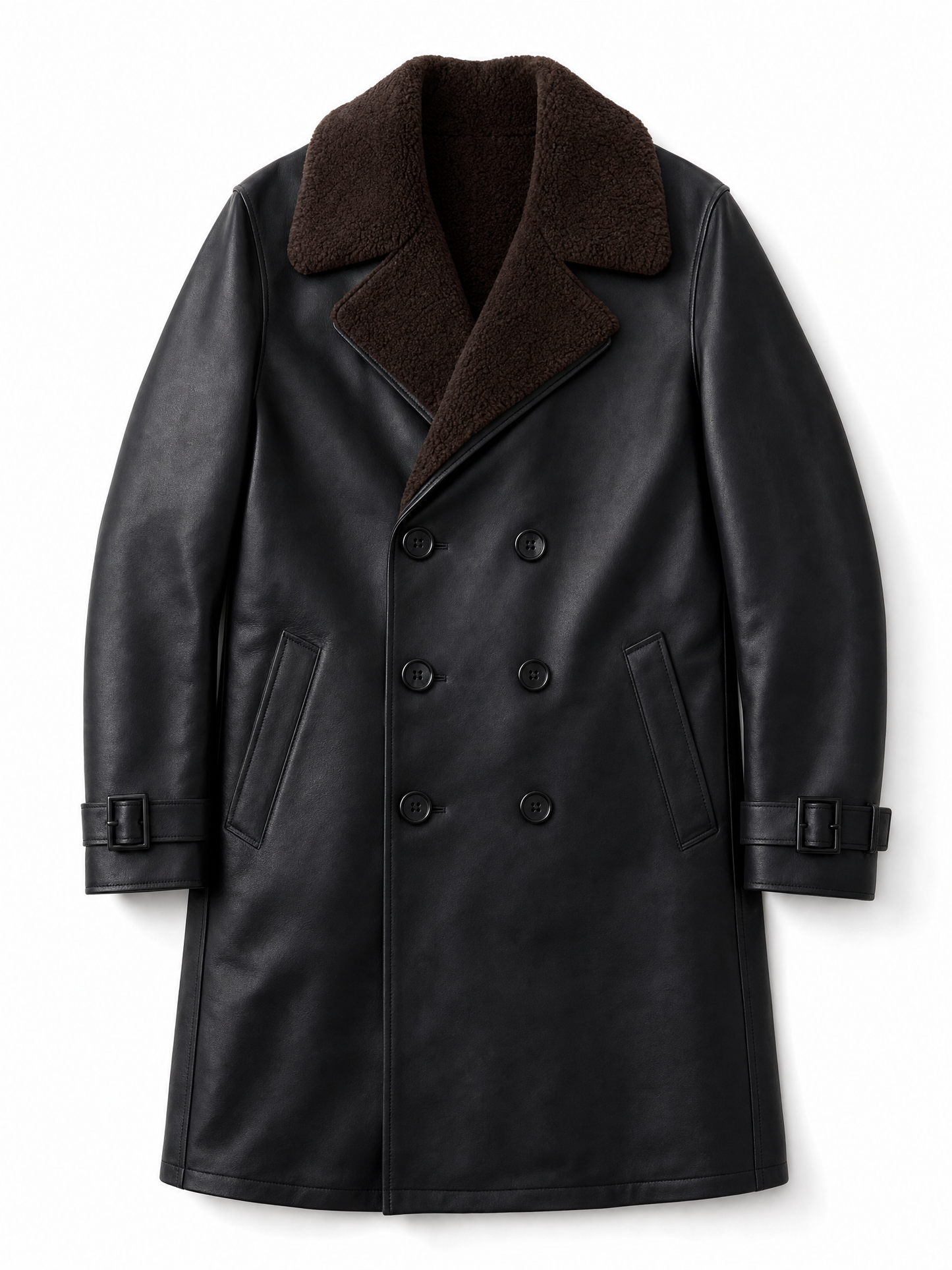 black faux leather trench coat Averly London flat lay
