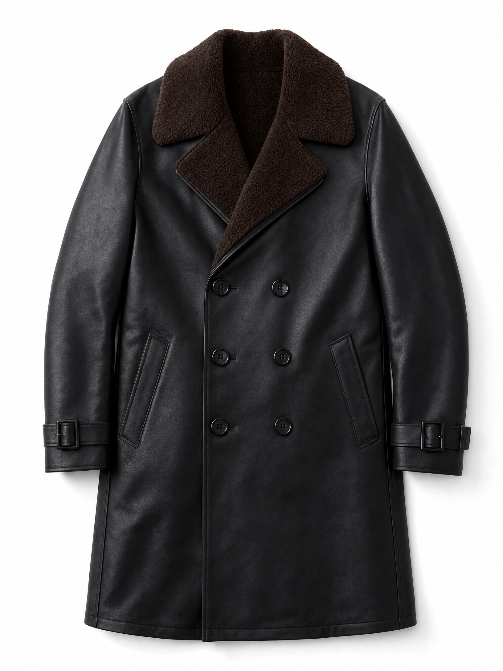 black faux leather trench coat Averly London flat lay