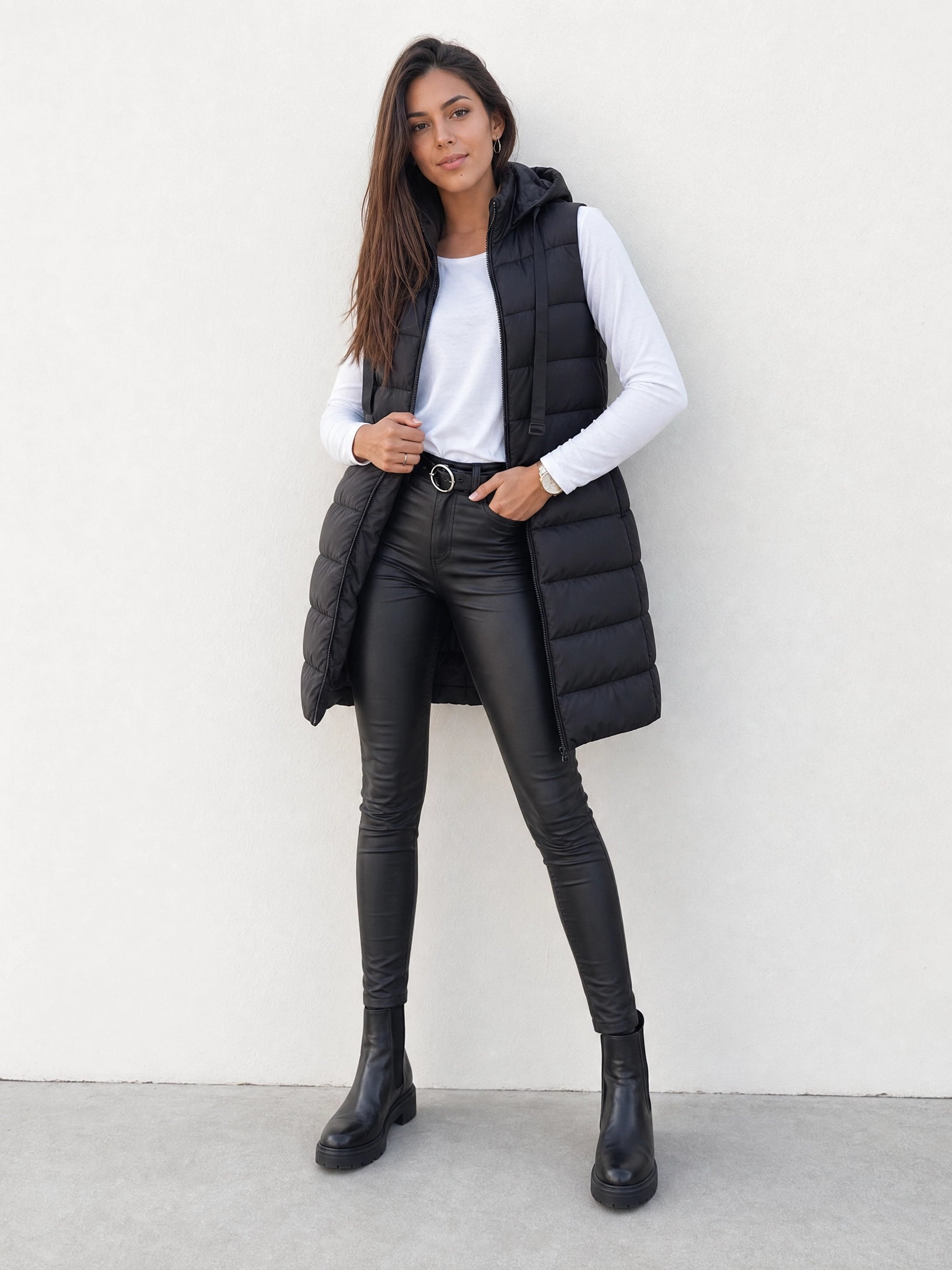 black hooded puffer vest Averly London front