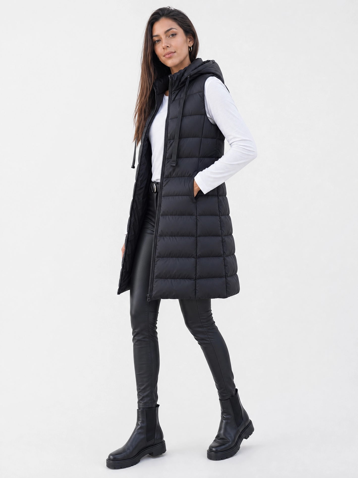 black hooded puffer vest Averly London side view