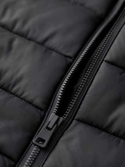 black hooded puffer vest Averly London hood detail