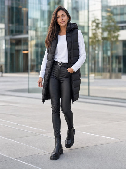 black hooded puffer vest Averly London styled lifestyle