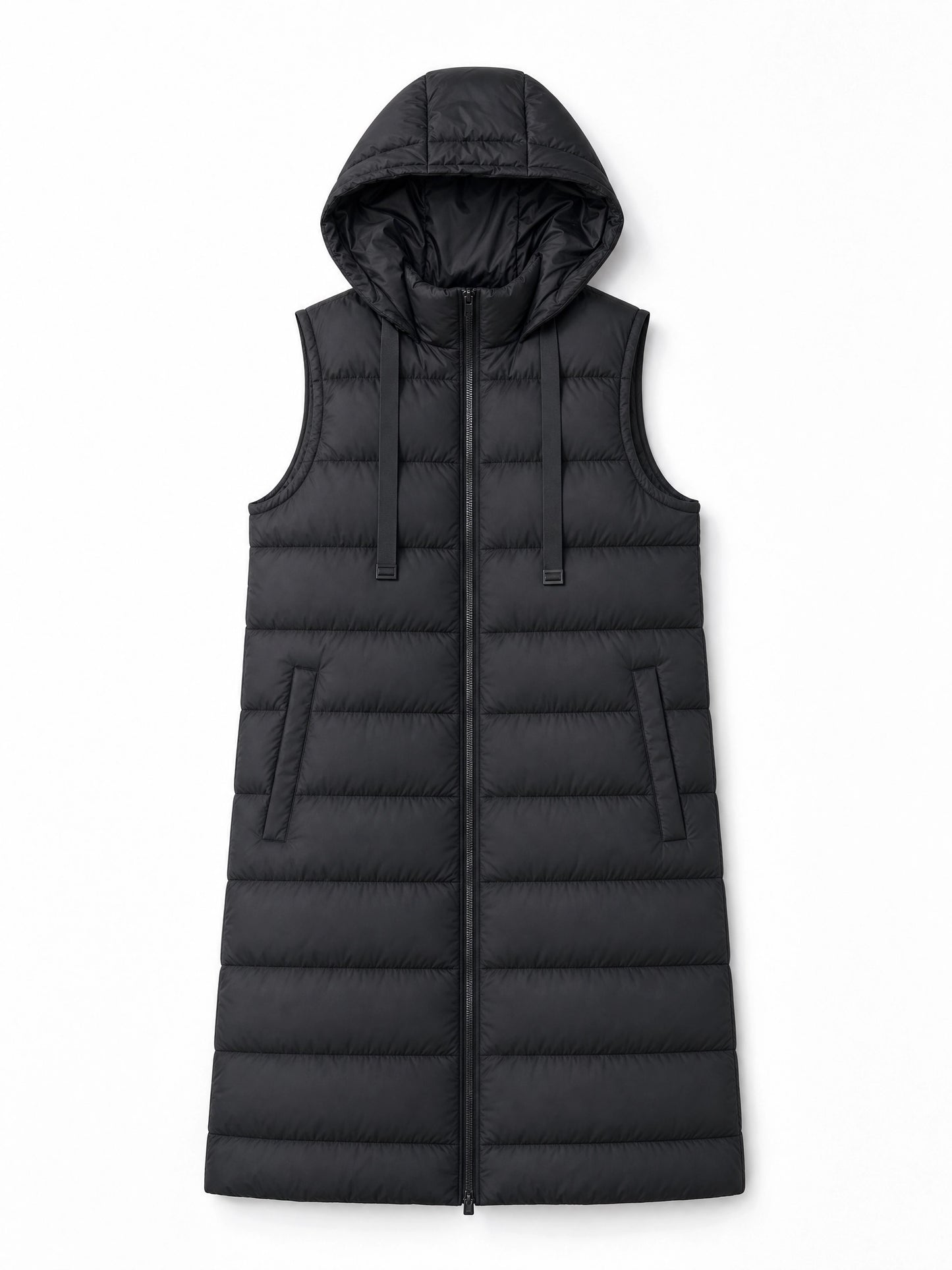 black hooded puffer vest Averly London flat lay