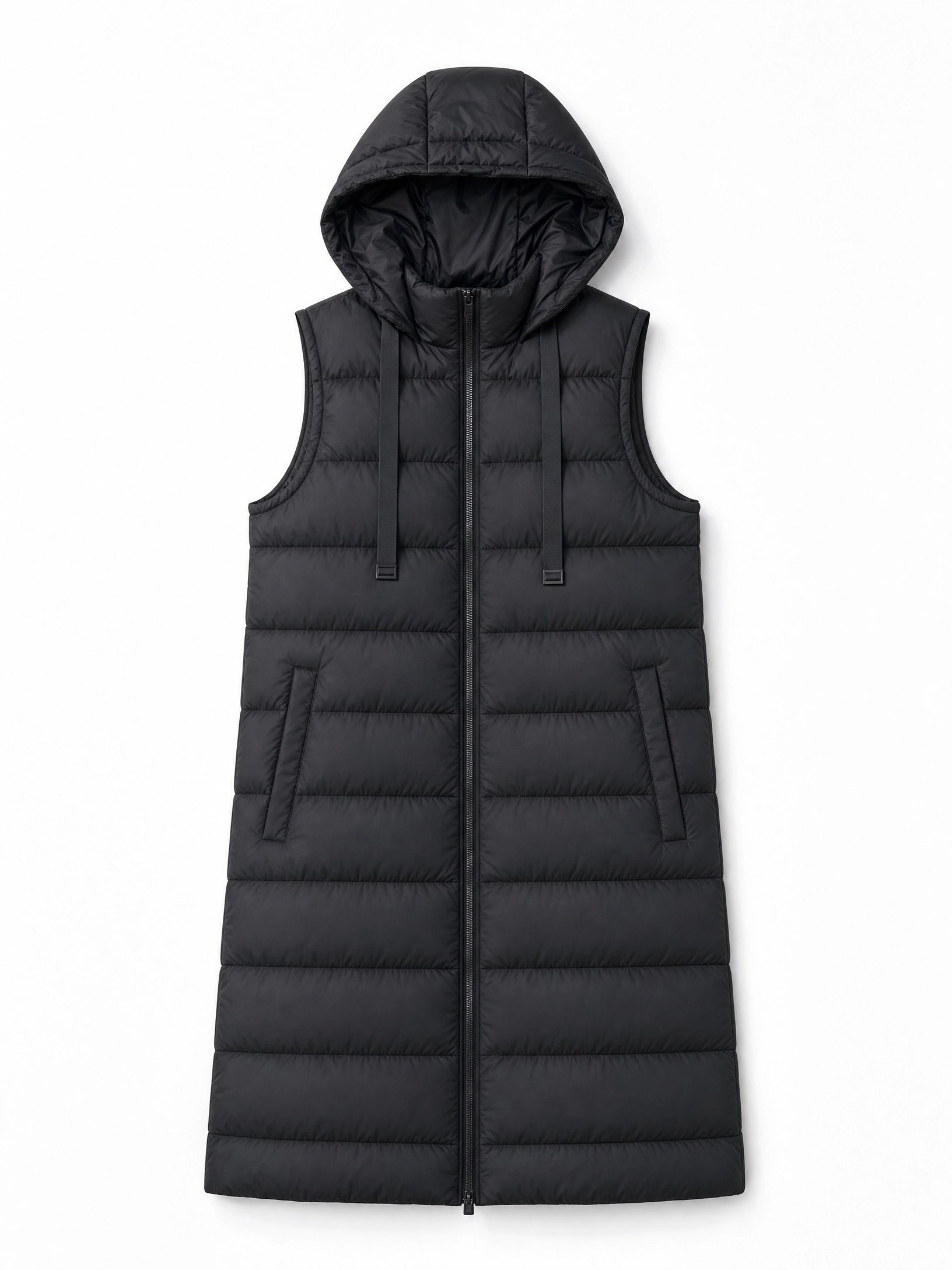 black hooded puffer vest Averly London flat lay