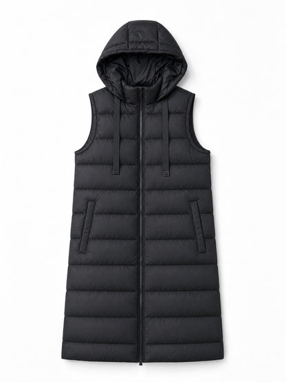 black hooded puffer vest Averly London flat lay