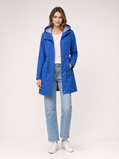 blue structured hooded waterproof trench coat Averly London front