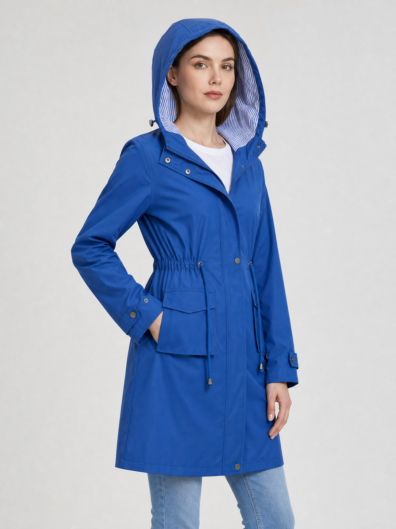 blue structured hooded waterproof trench coat Averly London side view