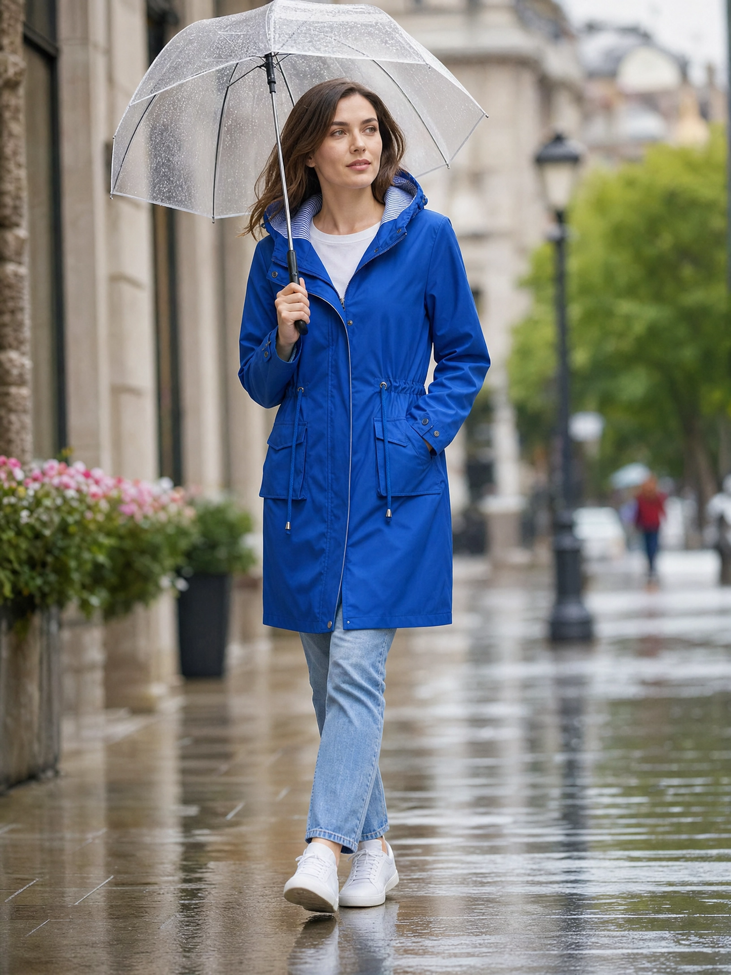blue structured hooded waterproof trench coat Averly London styled lifestyle