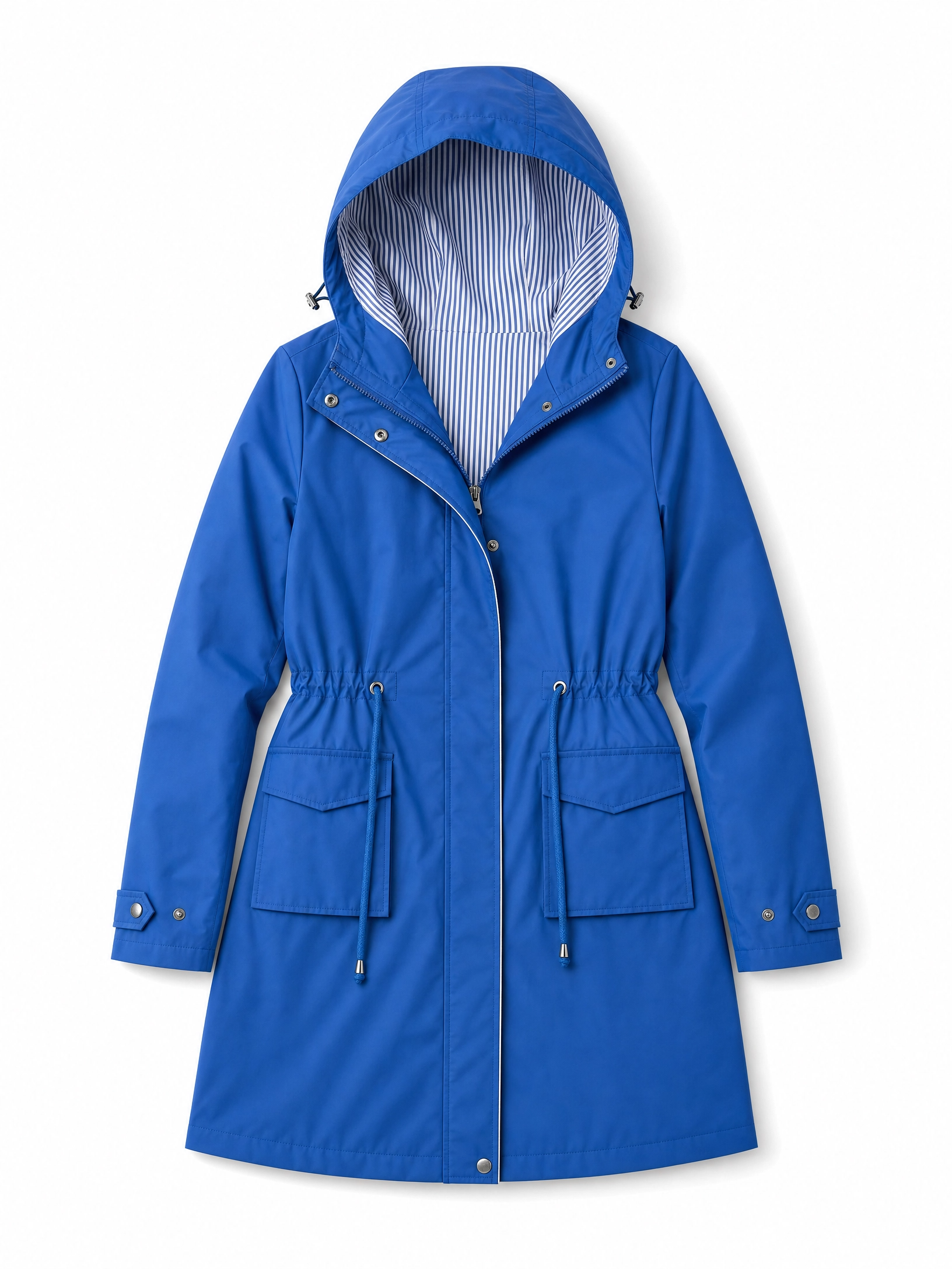 blue structured hooded waterproof trench coat Averly London flat lay